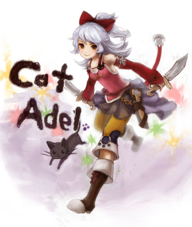 bare_shoulders boots capri_pants cat chain chains dual_wielding earrings final_fantasy final_fantasy_tactics_a2 final_fantasy_tactics_advance jewelry knife ponytail ribbon ribbons running short_pants silver_hair skirt smile solo yellow_eyes