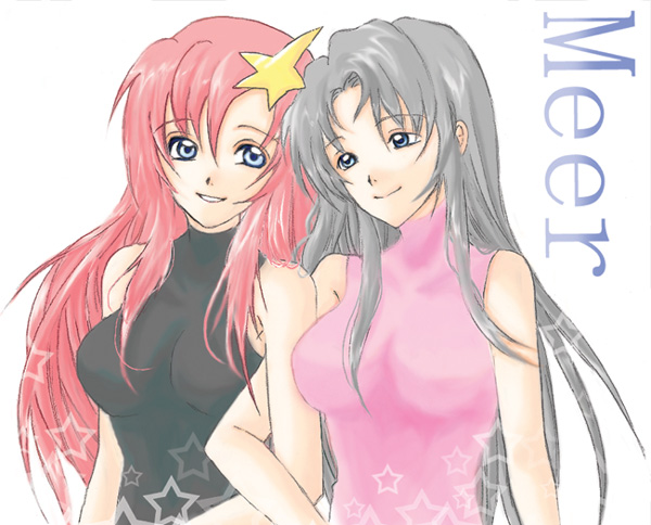 blue_eyes dual_persona gundam gundam_seed gundam_seed_destiny long_hair meer_campbell pink_hair silver_hair time_paradox