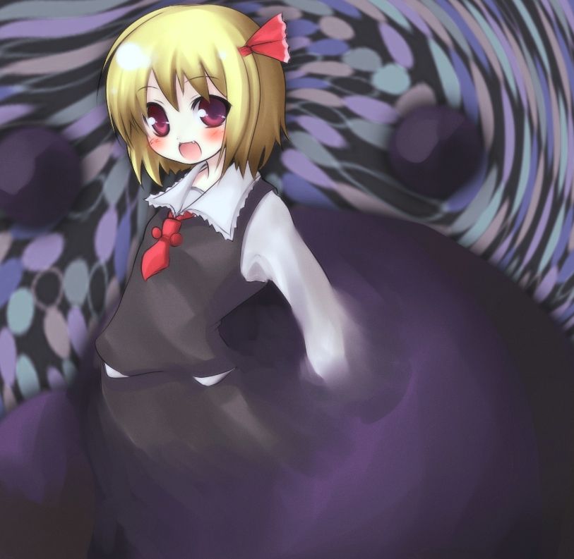 blonde_hair blush darkness fang hair_ribbon jpeg_artifacts looking_at_viewer necktie open_mouth red_eyes ribbon rokushou_kokuu rumia short_hair smile solo touhou