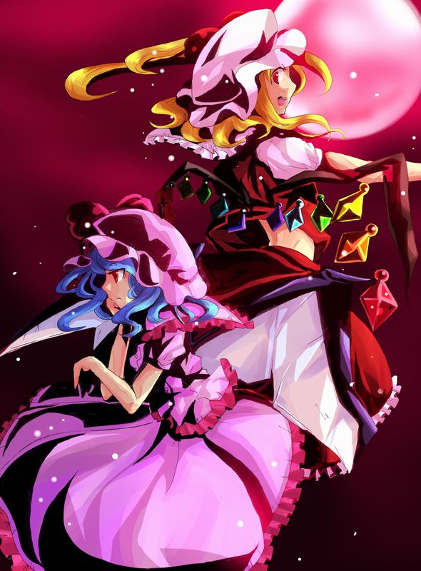 blonde_hair blue_hair flandre_scarlet fuji_warabi hat moon ponytail red_moon remilia_scarlet ribbon ribbons short_hair siblings sisters touhou