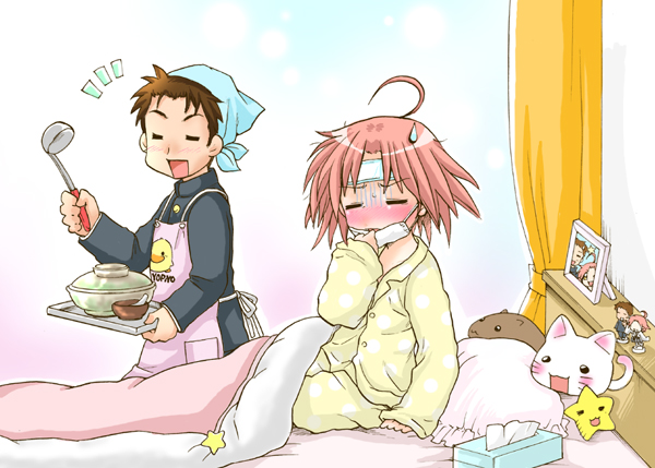 apron bed curtains cute kogami_akira ladle lucky_star mask pajamas pink_hair polka_dot servant shiraishi_minoru short_hair sick stuffed_animal stuffed_toy surgical_mask ubizo