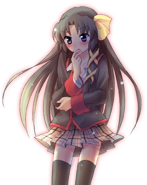 hair_ribbon hair_ribbons kurugaya_yuiko little_busters! little_busters!! long_hair oimo plaid plaid_skirt ribbon ribbons school_uniform skirt tartan thigh-highs thighhighs