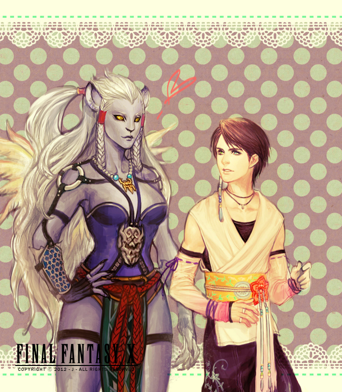 1girl bare_shoulders breasts brown_hair couple final_fantasy final_fantasy_x furry genderswap green_eyes hand_on_hip heart hips jewelry kimahri_ronso legs long_hair looking_at_another looking_at_each_other necklace onose1213 ponytail short_hair smile standing thighs title_drop very_long_hair white_hair yellow_eyes yuna
