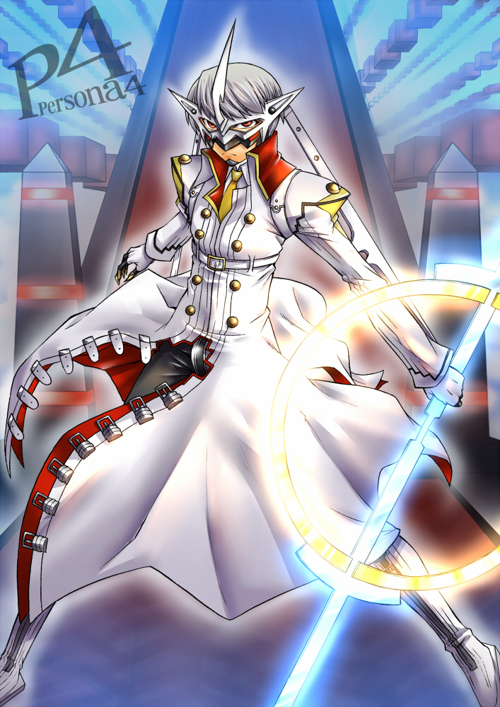 boots buckle buckles cosplay glow glowing izanagi_no_okami izanagi_no_okami_(cosplay) male mask narukami_yuu necktie persona persona_4 red_eyes segami_daisuke seta_souji short_hair silver_hair solo trench_coat trenchcoat weapon