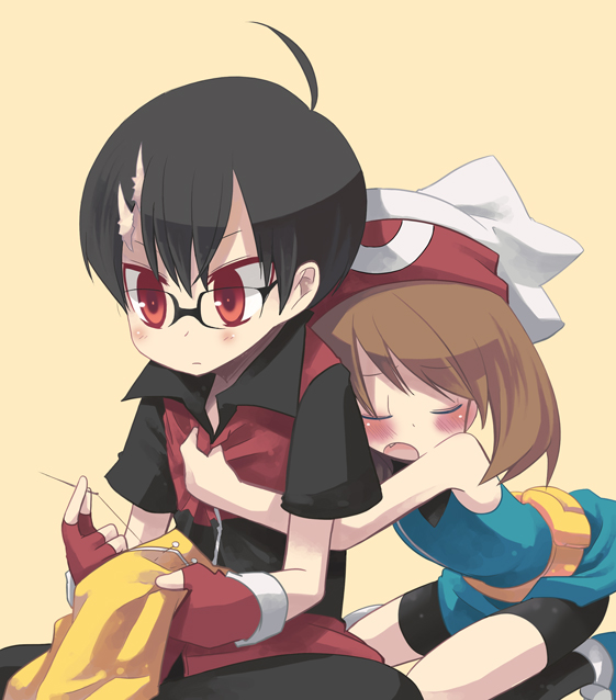 1girl ahoge bare_shoulders bike_shorts black_hair blush brown_hair closed_eyes colored_eyelashes couple fang fingerless_gloves gloves hat hat_removed kneehighs needle odamaki_sapphire open_mouth pokemon pokemon_special popped_collar red_eyes ruby_(pokemon) scar sewing shoes short_hair short_sleeves simple_background sitting yuzuki_gao