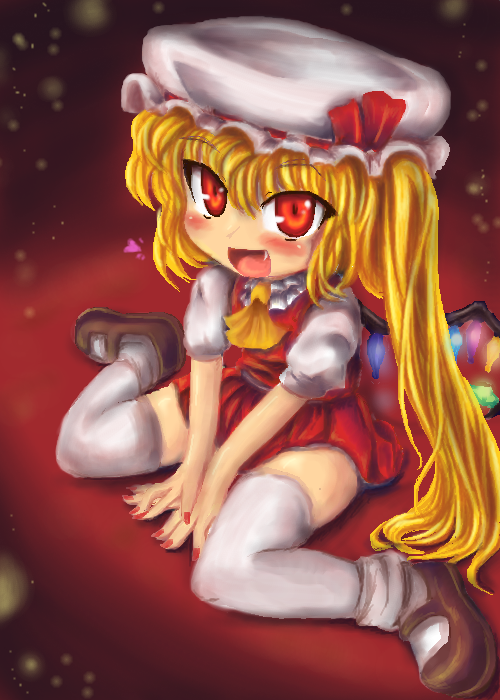 fang flandre_scarlet hat oekaki ponytail ribbon ribbons socks touhou