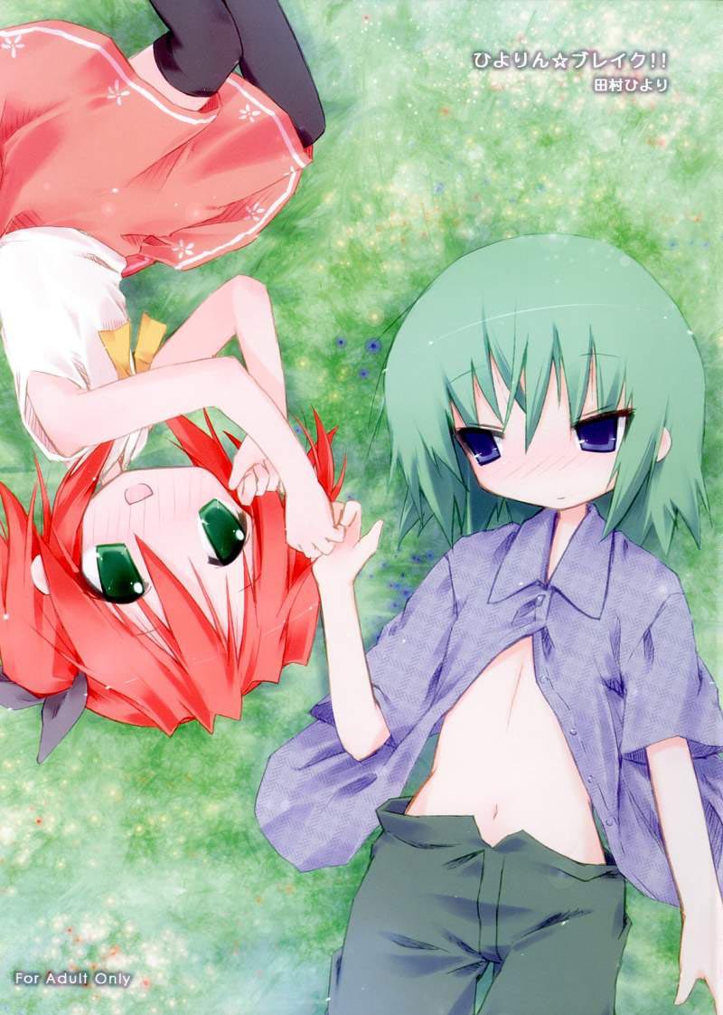 blue_eyes green_eyes green_hair iwasaki_minami kobayakawa_yutaka lucky_star multiple_girls open_clothes open_shirt red_hair redhead shirt short_hair thigh-highs thighhighs twintails yuri