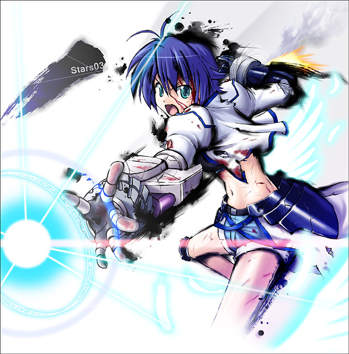 blood blue_eyes blue_hair fingerless_gloves gloves kome_(le7) magic_circle mahou_shoujo_lyrical_nanoha mahou_shoujo_lyrical_nanoha_strikers midriff navel revolver_knuckle short_hair shorts subaru_nakajima torn_clothes yone