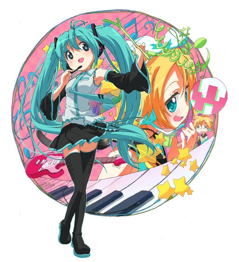 armpits detached_sleeves hatsune_miku headset kagamine_len kagamine_rin ratte spring_onion thigh-highs thighhighs twintails vocaloid