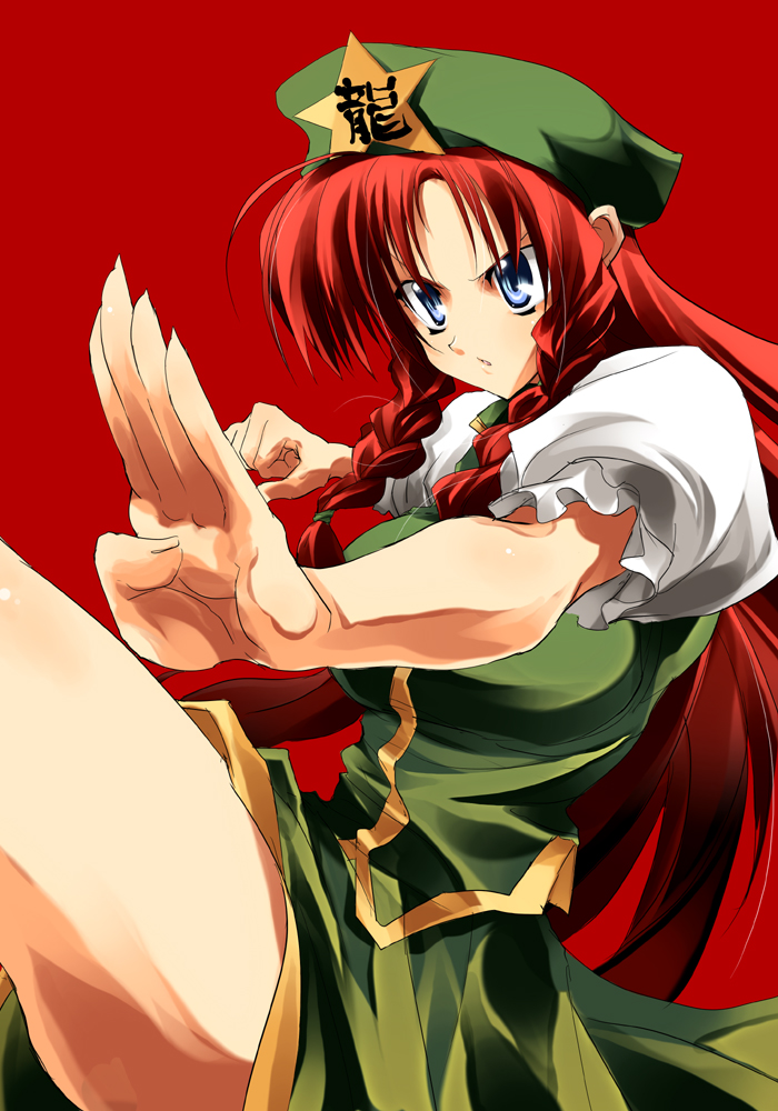 ahoge beret blue_eyes braid breasts china_dress chinadress chinese_clothes clenched_hand delusion_overdose fighting_stance fingernails hat hong_meiling large_breasts leg_up long_fingernails long_hair matsuno_canel open_mouth red_hair redhead simple_background solo star thighs touhou twin_braids twintails very_long_hair