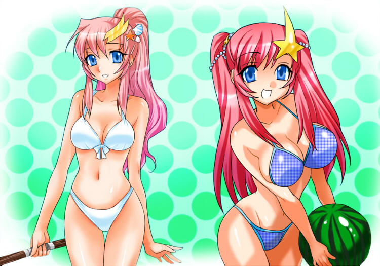 blue_eyes food fruit gundam gundam_seed gundam_seed_destiny hair_ornament hairclip holding holding_fruit lacus_clyne long_hair meer_campbell pink_hair ponytail suikawari swimsuit tooru_jin twintails watermelon