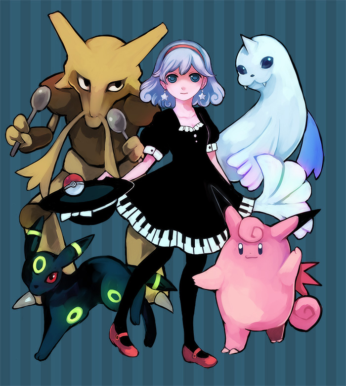 alternate_color blue_eyes blue_hair bow clefable dewgong dress earrings fangs hairband hat hat_bow horn jewelry neon_trim nintendo pantyhose piano_print pixiv pixiv_trainer poke_ball pokemon revery_(artist) spoon tail umbreon wings yuzawa_risato