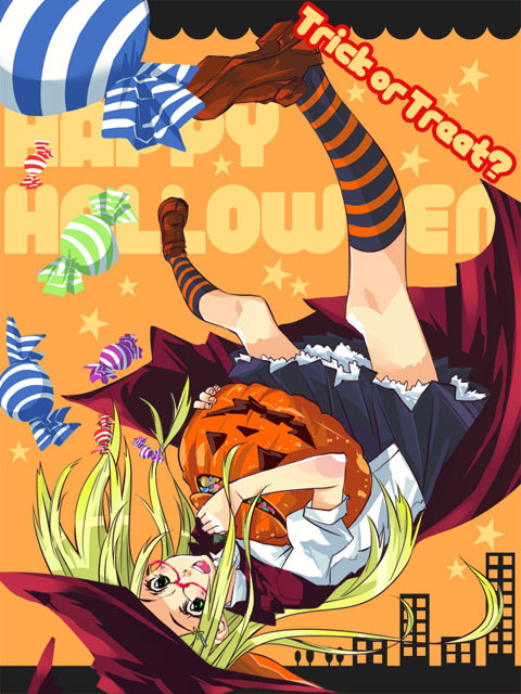 candy cape falling glasses green_eyes halloween hat jack-o'-lantern jack-o-lantern kneehighs legs long_hair original pumpkin sasetsu skirt socks striped witch_hat