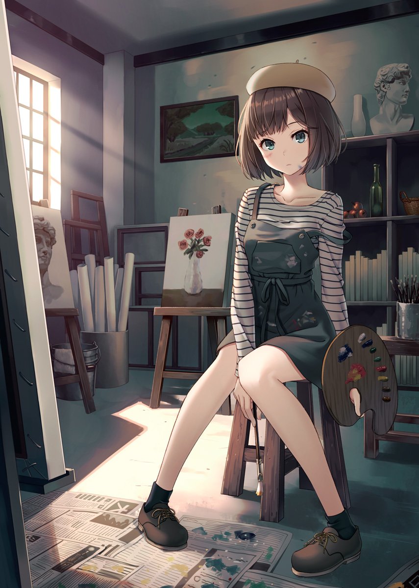 1girl beret black_legwear blue_eyes bookshelf breasts brown_footwear brown_hair bust_(sculpture) closed_mouth collarbone day easel eyebrows_visible_through_hair hat highres holding holding_paintbrush hyuuga_azuri indoors looking_at_viewer medium_breasts newspaper original overalls paint_can paintbrush painting_(object) palette shelf shirt short_hair sitting socks solo striped striped_shirt window