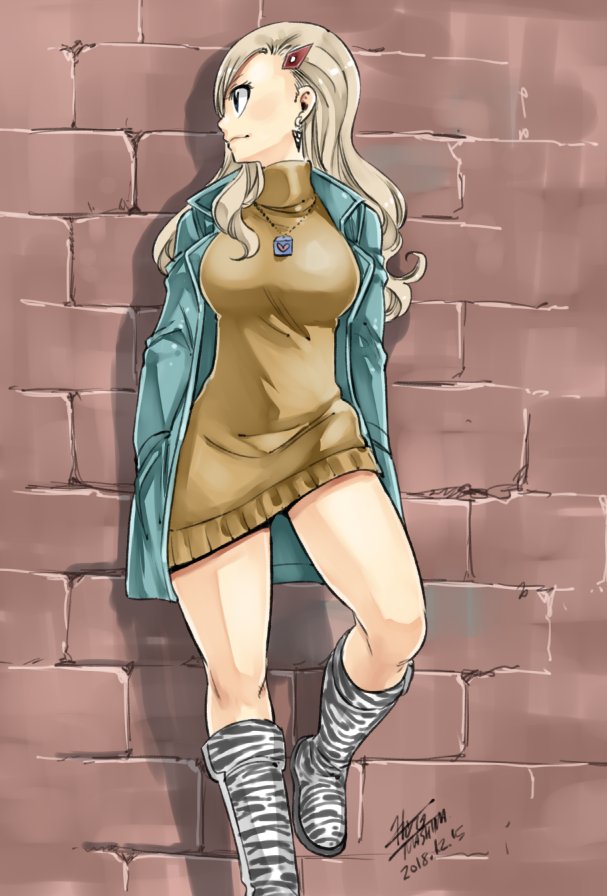 1girl against_wall blue_coat boots breasts brown_sweater coat dress earrings eden's_zero hair_ornament hairclip hands_in_pockets jewelry large_breasts leg_up long_hair looking_to_the_side mashima_hiro necklace official_art open_clothes open_coat rebecca_(eden's_zero) signature silver_hair solo standing sweater sweater_dress