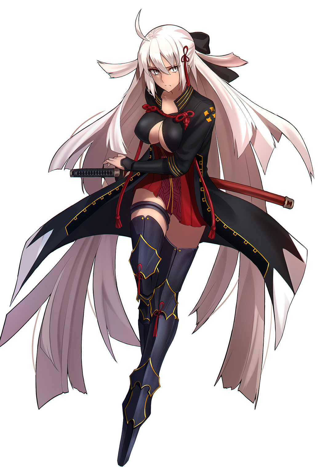 1girl ahoge black_bow black_footwear boots bow breasts cleavage closed_mouth commentary_request dress fate/grand_order fate_(series) full_body hair_bow hair_ornament highres large_breasts long_hair looking_at_viewer okita_souji_(alter)_(fate) okita_souji_(fate)_(all) ready_to_draw red_dress serious shiguru solo sword thigh-highs thigh_boots thighlet thighs very_long_hair weapon white_background white_eyes white_hair zettai_ryouiki