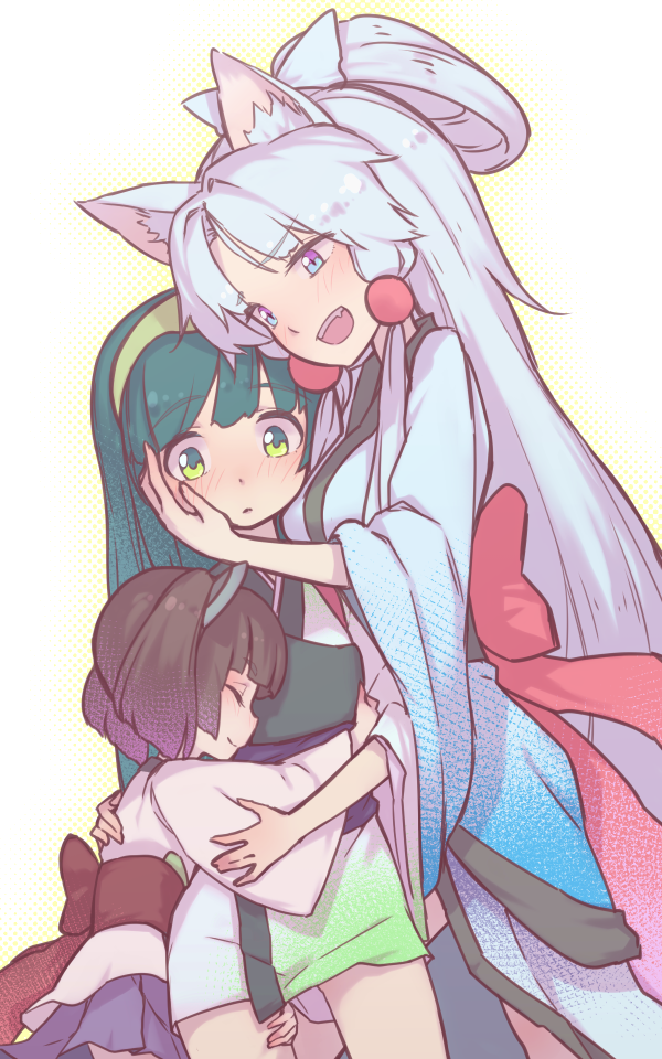 3girls animal_ears bangs black_hair blue_eyes blunt_bangs blush closed_eyes eyebrows_visible_through_hair fang fox_ears gradient_kimono green_hair green_hairband hair_bobbles hair_ornament hair_rings hairband hand_on_another's_cheek hand_on_another's_face height_difference hug japanese_clothes kimono leg_hug long_hair long_sleeves looking_at_another miniskirt multiple_girls muneate nose_blush obi open_mouth parted_bangs sash short_hair short_kimono short_yukata silver_hair skirt smile touhoku_itako touhoku_kiritan touhoku_zunko twintails very_long_hair voiceroid white_kimono wide_sleeves yamadori_enka yellow_eyes yukata yuri