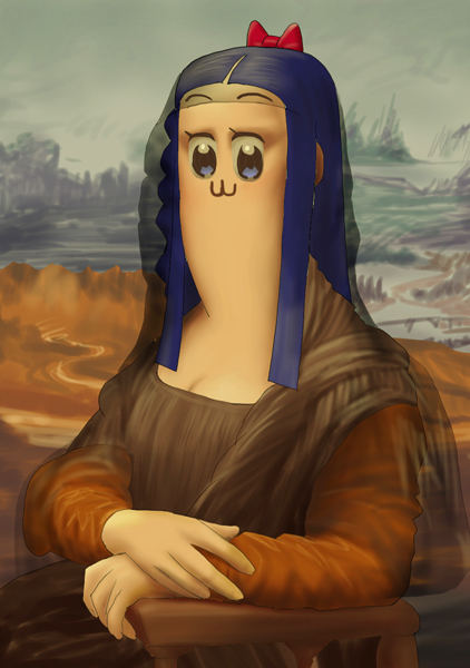 1girl :3 bkub_(style) blue_eyes blue_hair bow breasts cleavage commentary_request fine_art_parody hair_bow long_hair looking_at_viewer mash-777 mona_lisa parody pipimi poptepipic portrait red_bow sidelocks sitting smile solo upper_body veil