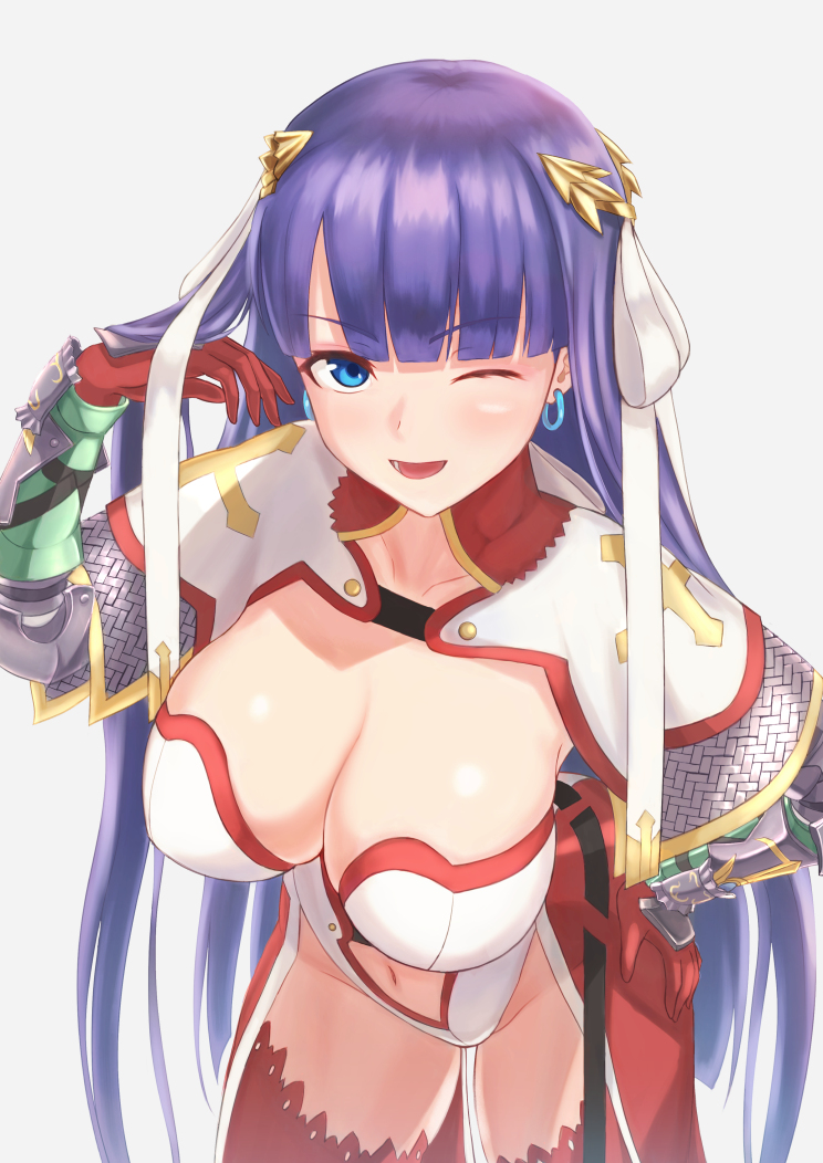 1girl ;) bangs blue_earrings blue_eyes blunt_bangs breasts cleavage commentary_request earrings eyebrows_visible_through_hair fate/grand_order fate_(series) gloves hand_on_hip jewelry kanki_(kibunhasaikou) large_breasts long_hair navel one_eye_closed open_mouth purple_hair red_gloves red_legwear saint_martha smile solo thigh-highs