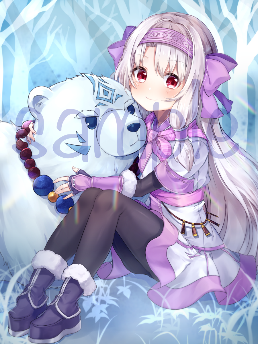 1girl ainu_clothes animal bangs bare_tree bear blush bow brown_legwear closed_mouth eyebrows_visible_through_hair fate/grand_order fate_(series) fingerless_gloves fingernails fur-trimmed_boots fur_trim gloves hair_between_eyes hair_bow hair_tubes hairband head_tilt highres hozumi_rino illyasviel_von_einzbern light_brown_hair long_hair pantyhose pink_bow pink_gloves pink_hairband purple_footwear red_eyes sample shirou_(fate/grand_order) sidelocks sitonai sitting smile tree very_long_hair watermark