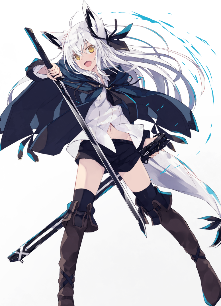 1girl :d animal_ear_fluff animal_ears black_legwear boots cape commentary_request fox_ears fox_girl fox_tail hood hood_down hooded_cape jacket knee_boots long_hair long_sleeves nagishiro_mito navel open_mouth original scabbard sheath shirt short_shorts shorts smile sword tail thigh-highs unsheathed weapon white_background white_hair yellow_eyes