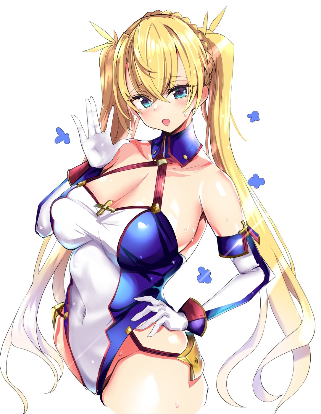 1girl bare_shoulders blonde_hair blue_eyes bradamante_(fate/grand_order) braid breasts cleavage collarbone covered_navel detached_collar elbow_gloves fafas68 fate/grand_order fate_(series) french_braid gloves green_eyes hand_on_hip highres large_breasts leotard long_hair open_mouth twintails waving white_gloves