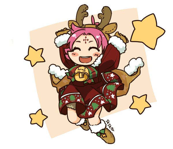 1girl antlers arms_up artist_name bell boots brown_gloves cape closed_eyes dress fa facial_mark fire_emblem fire_emblem:_fuuin_no_tsurugi fire_emblem_heroes forehead_mark full_body fur_trim gloves long_sleeves mamkute nintendo open_mouth purple_hair reindeer_antlers short_hair sksk7r solo star