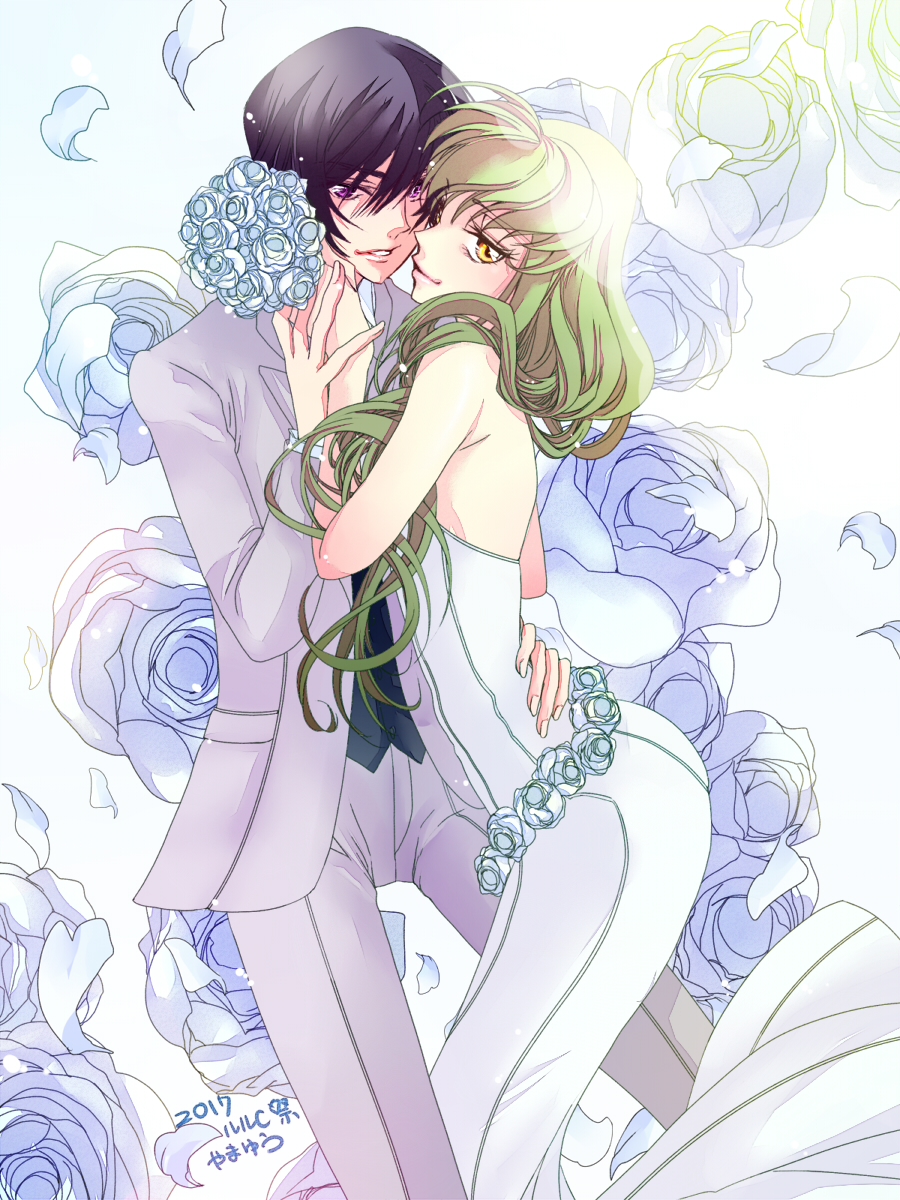 1boy 1girl 2017 backless_dress backless_outfit black_hair black_shirt bouquet c.c. code_geass dress flower formal green_hair grey_jacket grey_pants hair_between_eyes hand_on_another's_hip highres holding holding_bouquet jacket lelouch_lamperouge long_dress long_hair looking_at_viewer pants parted_lips petals roman_buriki shirt sleeveless sleeveless_dress smile violet_eyes white_background white_dress white_flower yellow_eyes
