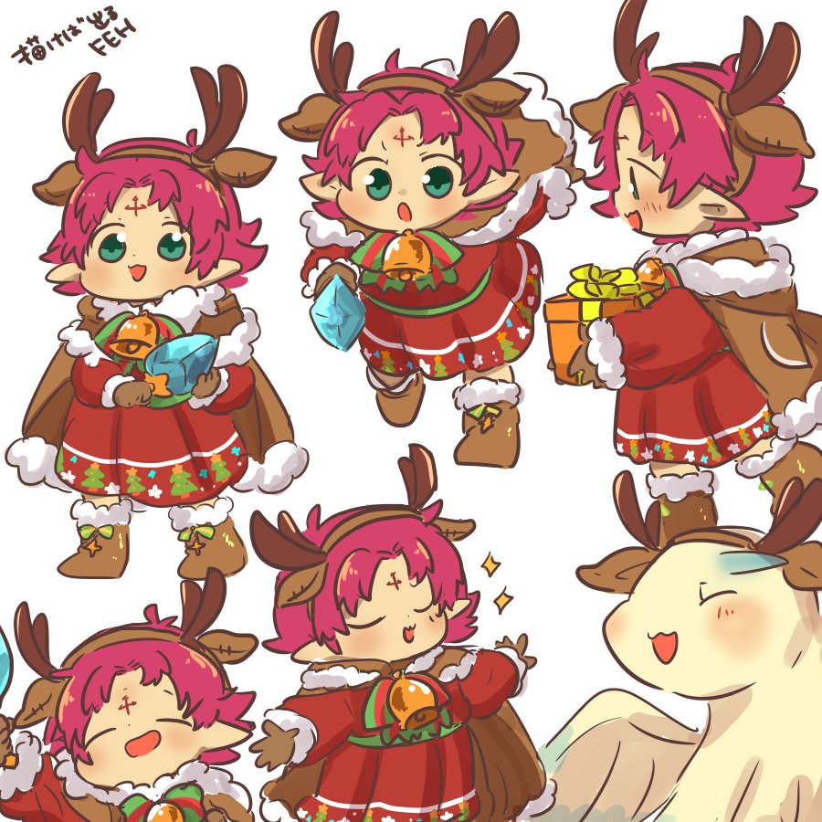 1girl antlers bell boots box brown_gloves cape closed_eyes dragon dress fa facial_mark fire_emblem fire_emblem:_fuuin_no_tsurugi fire_emblem_heroes forehead_mark from_side fur_trim gift gift_box gloves green_eyes huxahuxa826 long_sleeves mamkute nintendo open_mouth pointy_ears purple_hair reindeer_antlers short_hair simple_background standing white_background