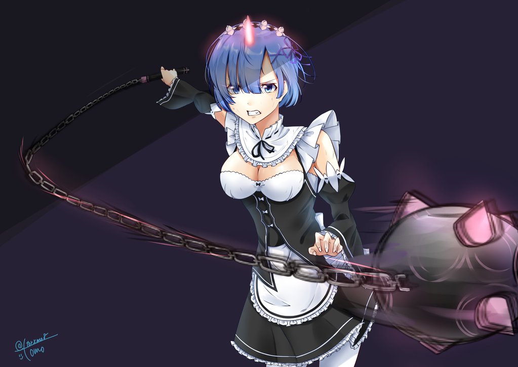 1girl apron black_ribbon black_skirt black_sleeves blue_eyes blue_hair breasts chains choker cleavage clenched_teeth corset cowboy_shot detached_sleeves flail frilled_apron frilled_skirt frills hair_between_eyes hair_ribbon holding holding_weapon horn long_sleeves looking_at_viewer medium_breasts miniskirt morning_star neck_ribbon outstretched_arm pantyhose purple_ribbon re:zero_kara_hajimeru_isekai_seikatsu rem_(re:zero) ribbon ribbon-trimmed_sleeves ribbon_trim short_hair signature skirt solo standing teeth tomoka_notsu waist_apron weapon white_apron white_legwear