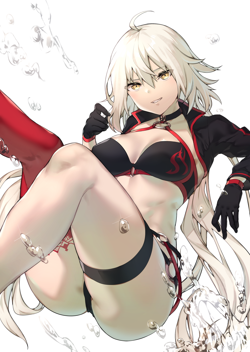 1girl ahoge ass bikini black_bikini black_gloves breasts commentary_request eyebrows_visible_through_hair eyes_visible_through_hair fate_(series) gloves hair_between_eyes halter_top halterneck highres itohana jeanne_d'arc_(alter)_(fate) jeanne_d'arc_(fate)_(all) leg_up long_hair looking_at_viewer medium_breasts o-ring o-ring_bikini o-ring_bottom o-ring_top panties red_legwear shrug silver_hair simple_background single_thighhigh solo swimsuit thigh-highs thigh_strap underwear very_long_hair water white_background yellow_eyes