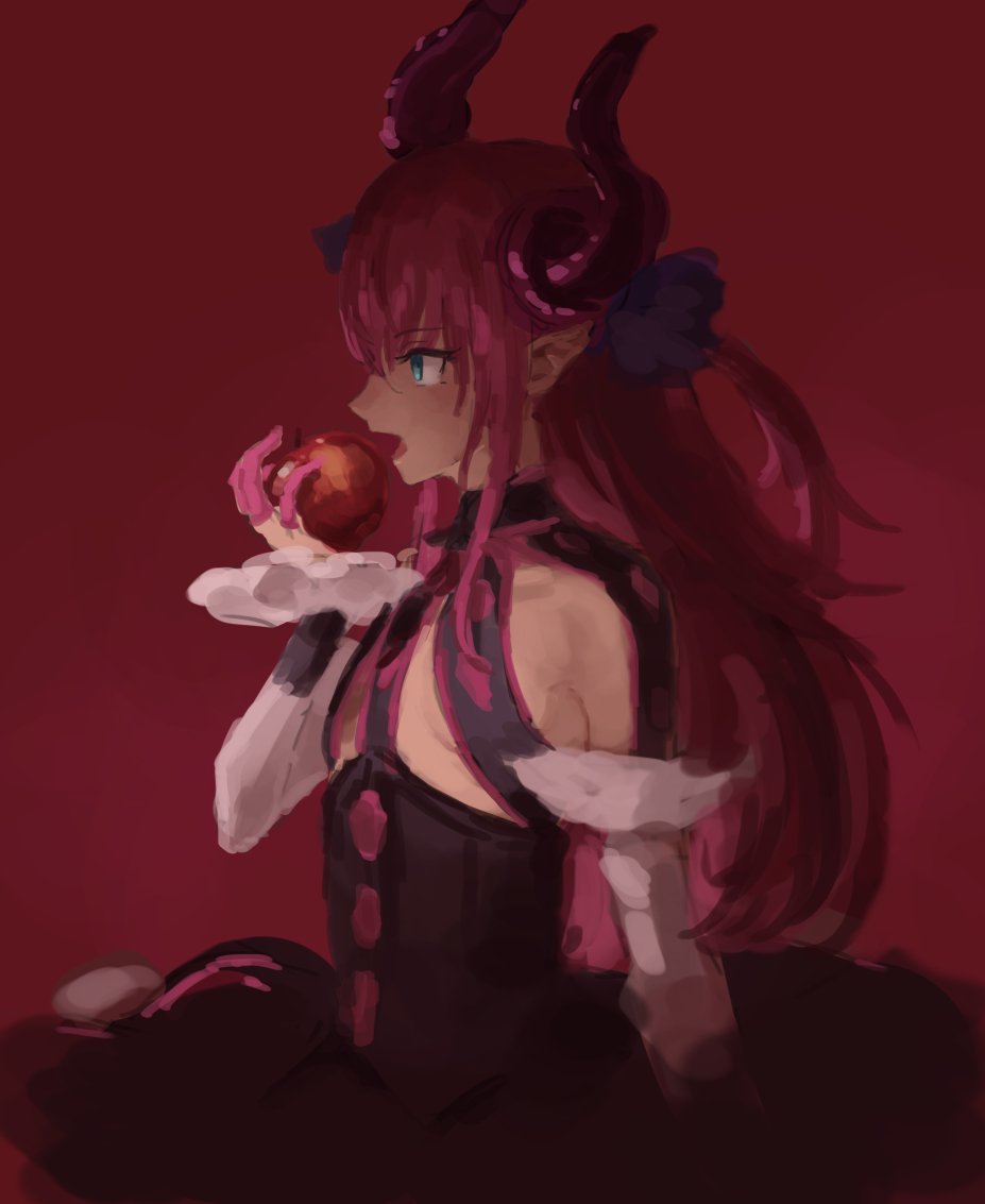 1girl bangs black_dress blue_eyes detached_sleeves dress elizabeth_bathory_(fate) elizabeth_bathory_(fate)_(all) eyebrows_visible_through_hair fate/extra fate/extra_ccc fate_(series) flat_chest food fruit hair_between_eyes holding holding_food holding_fruit horn_ornament horns long_hair long_sleeves na_(oagenosuke) open_mouth pointy_ears profile red_apple red_background redhead simple_background solo