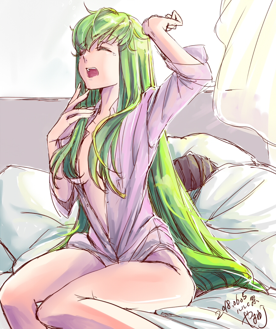 1boy 1girl 2018 arm_up bed_sheet breasts brown_hair c.c. cleavage closed_eyes code_geass curtains dated dress_shirt green_hair lelouch_lamperouge long_hair long_sleeves medium_breasts naked_shirt open_clothes open_mouth open_shirt pillow pink_shirt roman_buriki shirt signature sitting sketch stretch tears under_covers very_long_hair yawning