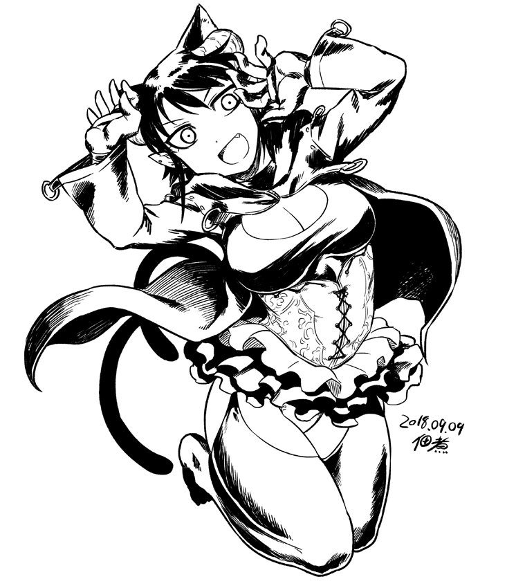 1girl :d animal_ears breasts cat_ears cat_tail cleavage cleavage_cutout coat commentary_request copyright_request corset dated frilled_skirt frills full_body greyscale hands_up horns jumping large_breasts long_sleeves monochrome multiple_tails nekomata open_clothes open_coat open_mouth pointy_ears signature simple_background skirt smile solo tail thigh-highs tsukudani_(coke-buta) two_tails white_background