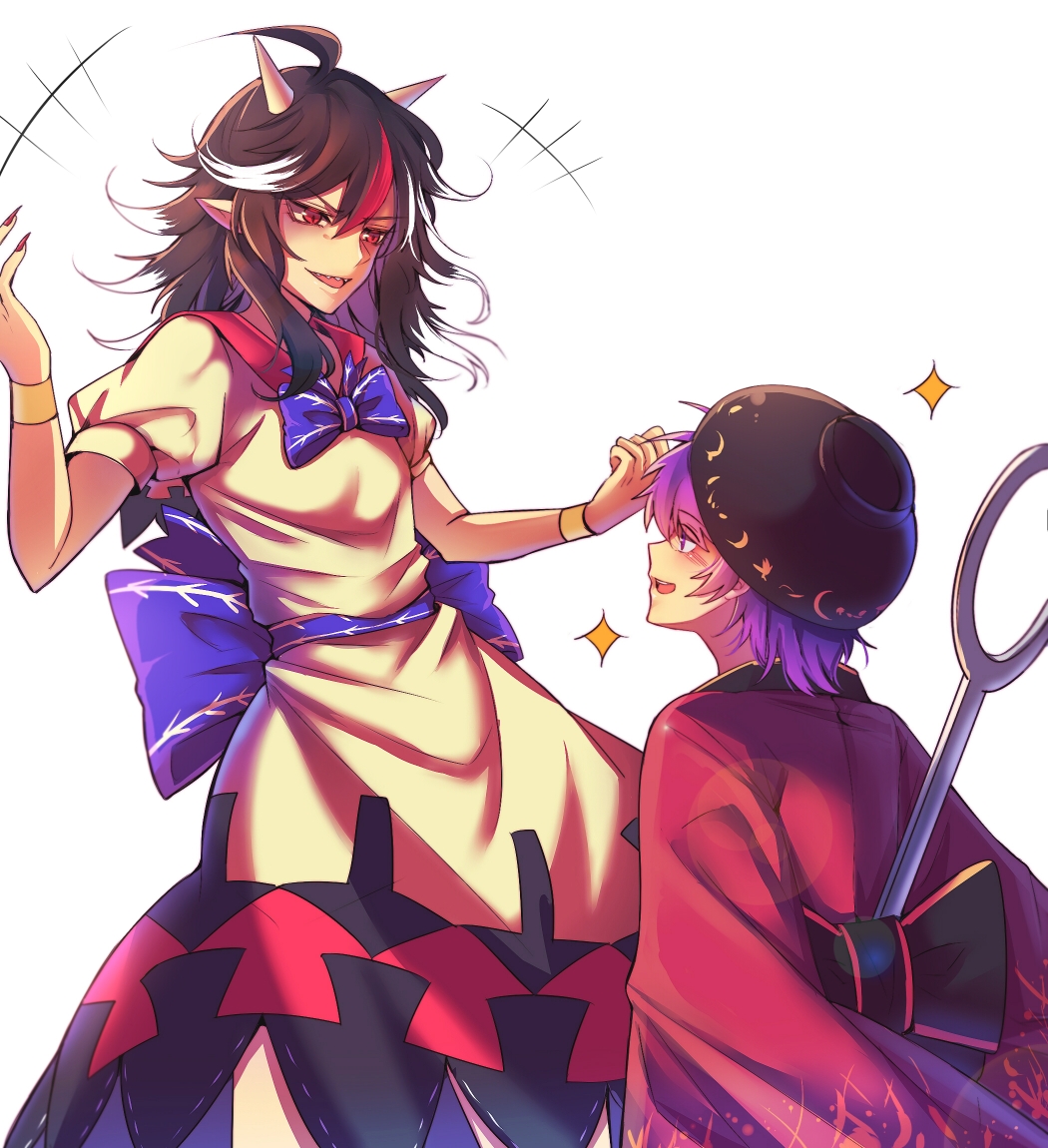 2girls :d ahoge bangs black_hair black_hat blue_bow blue_neckwear blue_sash blush bow bowl bowl_hat bowtie bracelet clenched_hand cowboy_shot dress eyebrows_visible_through_hair fingernails hair_between_eyes hand_up hat horns japanese_clothes jewelry kijin_seija kimono lens_flare long_hair long_sleeves looking_at_another messy_hair multicolored_hair multiple_girls nail_polish needle nga_(artist) open_mouth profile puffy_short_sleeves puffy_sleeves purple_hair red_eyes red_kimono red_nails red_sailor_collar redhead sailor_collar sash sharp_fingernails sharp_teeth short_hair short_sleeves simple_background smile sparkle standing streaked_hair sukuna_shinmyoumaru teeth touhou v-shaped_eyebrows violet_eyes white_background white_dress white_hair wide_sleeves