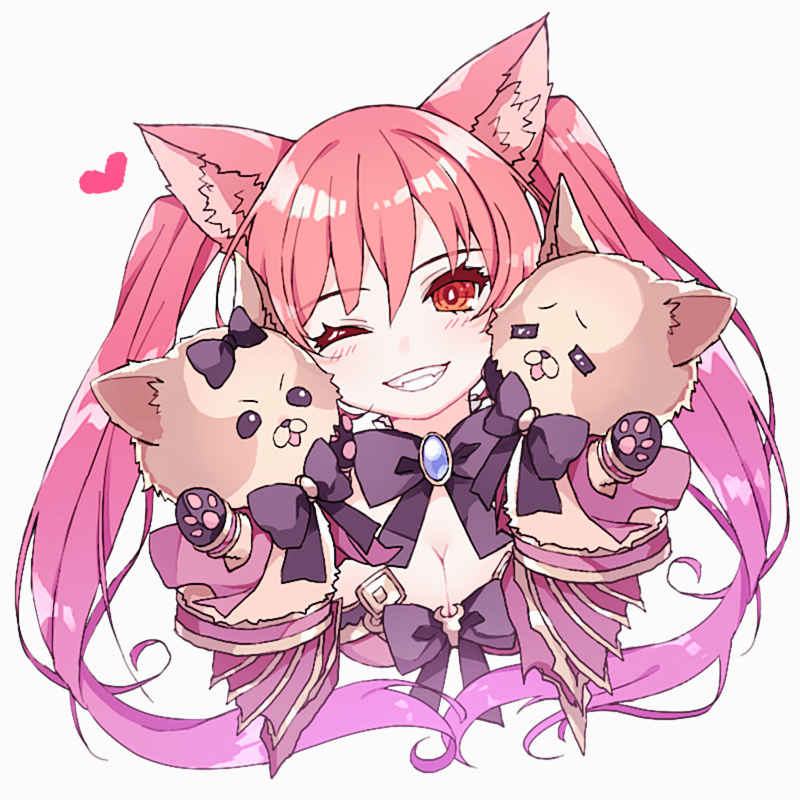 1girl animal_ear_fluff animal_ears bangs black_bow blush bow breasts cerberus_(shingeki_no_bahamut) cleavage commentary_request cropped_torso dog_ears eyebrows_visible_through_hair gradient_hair grey_background grin hair_between_eyes hand_puppet head_tilt heart medium_breasts multicolored_hair one_eye_closed pikomarie pink_hair puppet red_eyes redhead shadowverse simple_background smile solo twintails