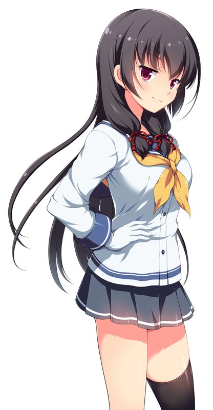 1girl asymmetrical_legwear black_hair gloves grey_skirt hair_ribbon hand_on_hip isokaze_(kantai_collection) kantai_collection long_hair long_sleeves looking_at_viewer neckerchief odawara_hakone pleated_skirt red_eyes red_ribbon ribbon school_uniform serafuku simple_background single_thighhigh skirt solo thigh-highs tress_ribbon white_background white_gloves yellow_neckwear