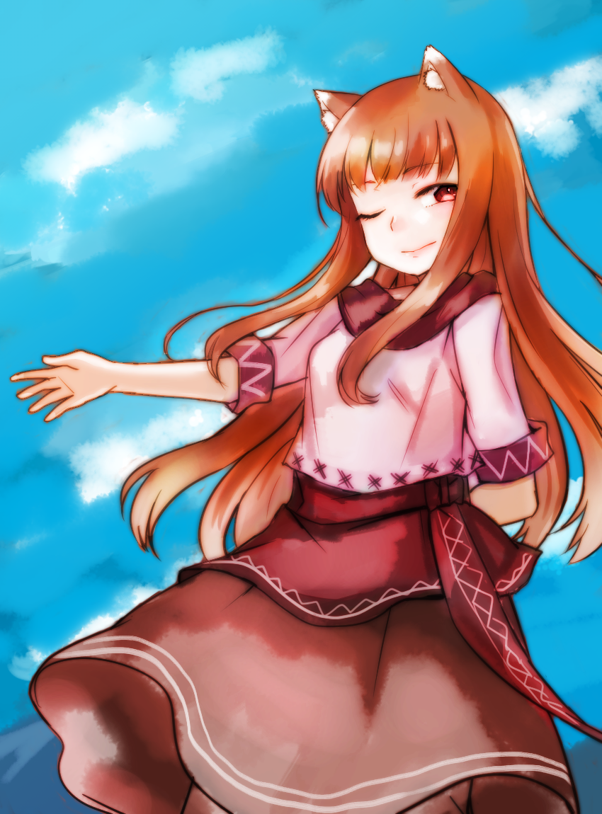 1girl ;) animal_ears arm_behind_back blue_sky brown_hair brown_skirt clouds eyebrows_visible_through_hair floating_hair holo long_hair looking_at_viewer mayumura_basako medium_skirt one_eye_closed outdoors outstretched_arm pink_shirt red_eyes shirt skirt sky smile solo spice_and_wolf very_long_hair wolf_ears