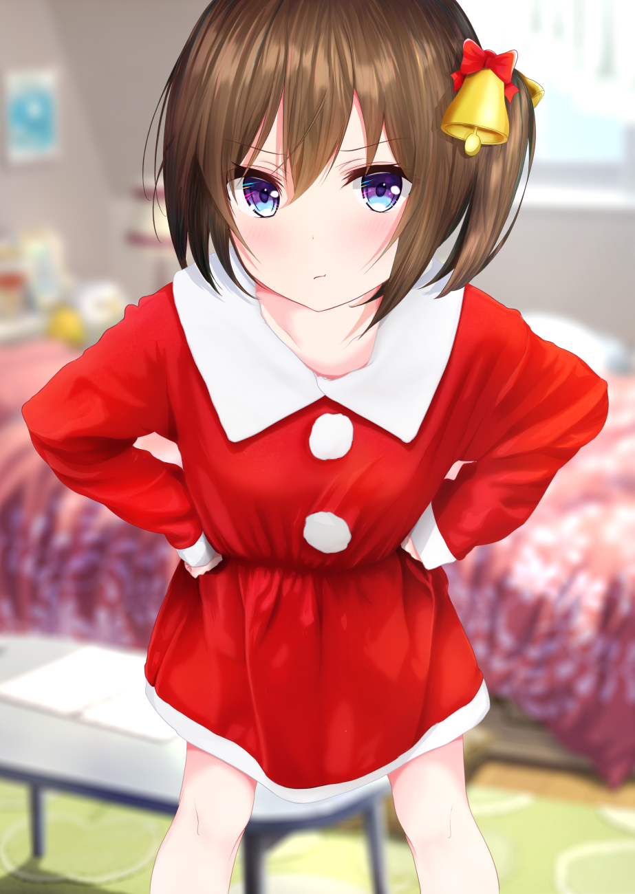 1girl :t bed bell blue_eyes blurry blurry_background blush bow brown_hair christmas closed_mouth commentary_request depth_of_field dress hair_bell hair_between_eyes hair_ornament hands_on_hips highres indoors leaning_forward long_sleeves looking_at_viewer mito_ichijyo multicolored multicolored_eyes original red_bow red_dress santa_costume short_hair side_ponytail solo standing v-shaped_eyebrows violet_eyes window wing_collar