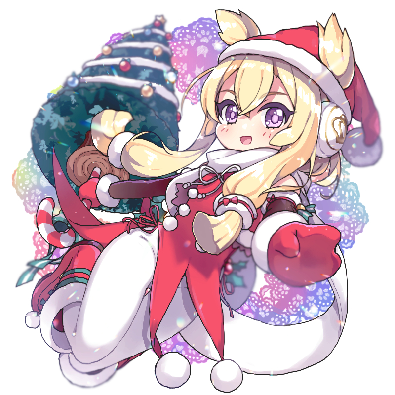 1girl azur_lane bangs blonde_hair candy candy_cane christmas christmas_tree earmuffs eyebrows_visible_through_hair food fur_trim gloves hair_between_eyes hat leggings long_hair open_mouth pikomarie red_gloves santa_costume santa_hat scarf violet_eyes warspite_(azur_lane) white_legwear