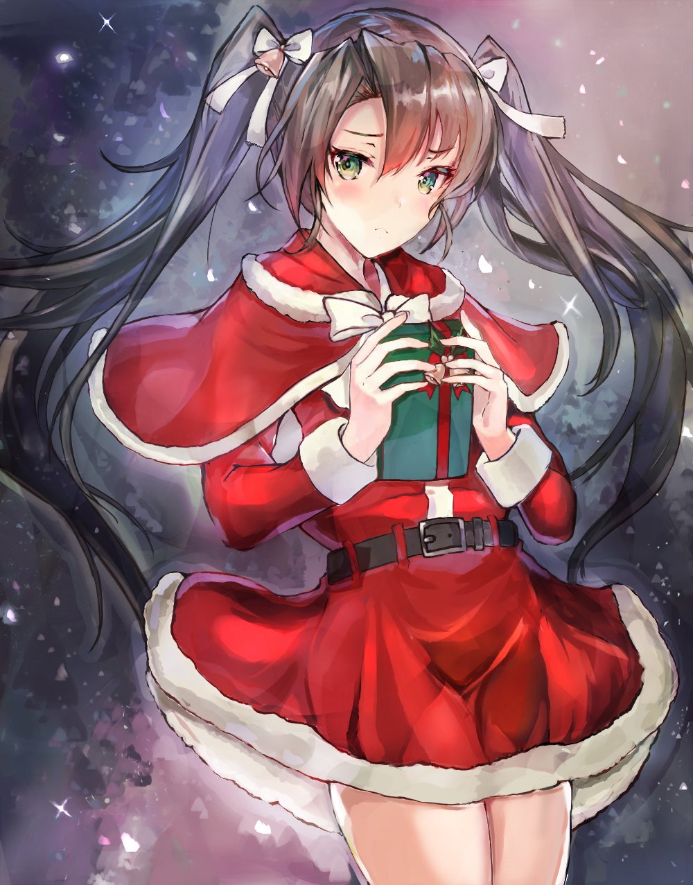 1girl alternate_costume bell black_background box capelet commentary_request cowboy_shot dress eriyama_(user_csua4255) fur-trimmed_dress fur_trim gift gift_box green_eyes grey_hair hair_bell hair_ornament hair_ribbon highres kantai_collection long_hair red_dress ribbon santa_costume solo twintails white_ribbon zuikaku_(kantai_collection)