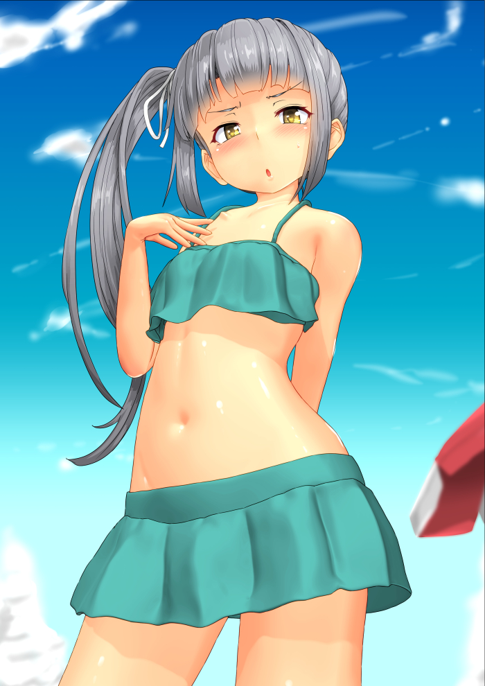 1girl aqua_tankini arm_behind_back bangs bare_arms bare_shoulders blue_sky blunt_bangs breasts chestnut_mouth clouds cloudy_sky collarbone commentary_request day furrowed_eyebrows grey_hair hair_ribbon hand_up hip_bones kantai_collection kasumi_(kantai_collection) long_hair looking_at_viewer midriff navel nokishita_kumoemon outdoors ribbon shiny shiny_hair side_ponytail sky small_breasts solo spaghetti_strap standing stomach swimsuit tankini very_long_hair white_ribbon yellow_eyes