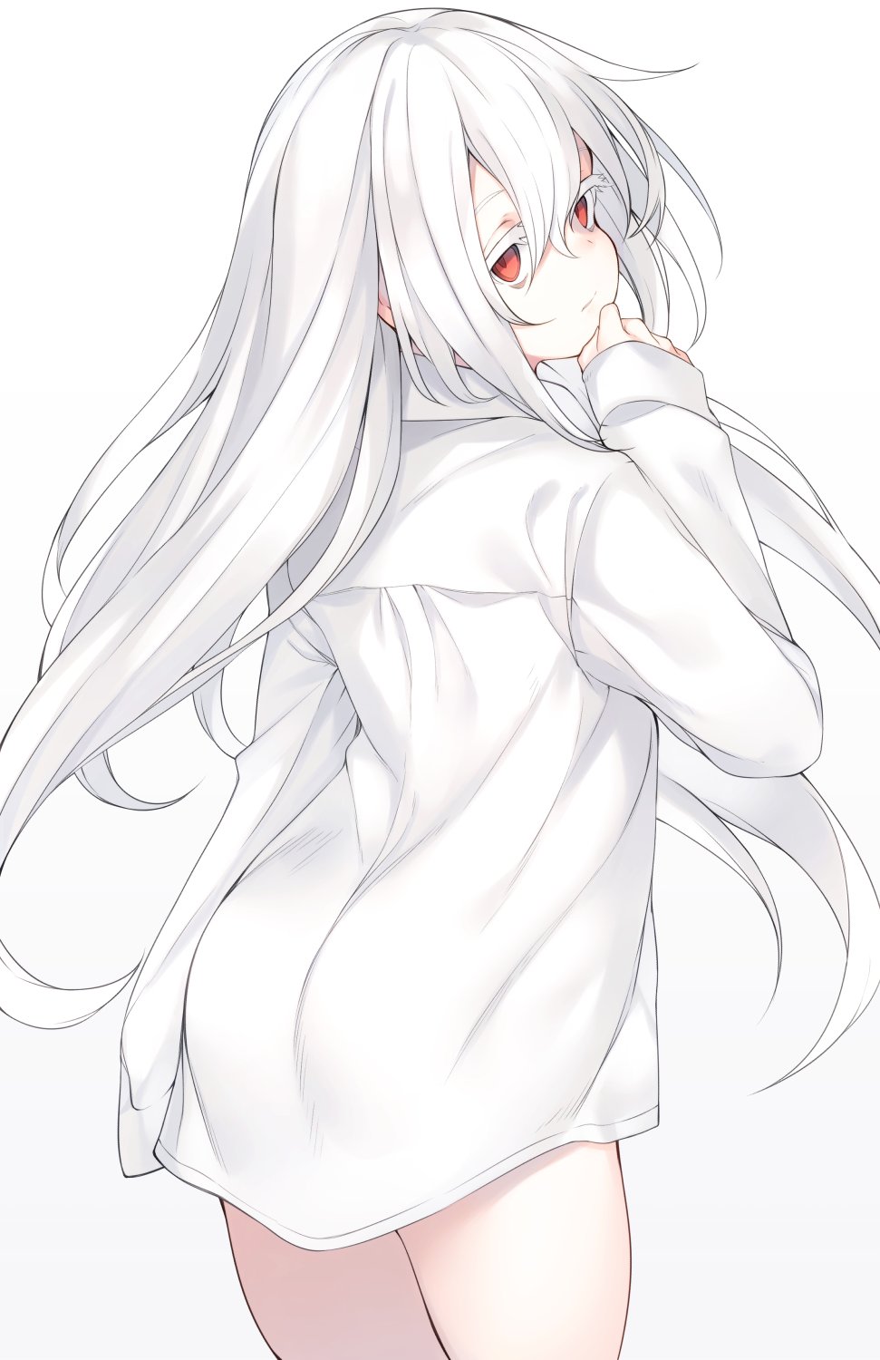 1girl bad_id bad_twitter_id closed_mouth cowboy_shot from_behind hair_between_eyes hand_up highres long_hair long_sleeves looking_at_viewer looking_back naked_shirt original red_eyes shirt simple_background solo standing tsunekichi white_background