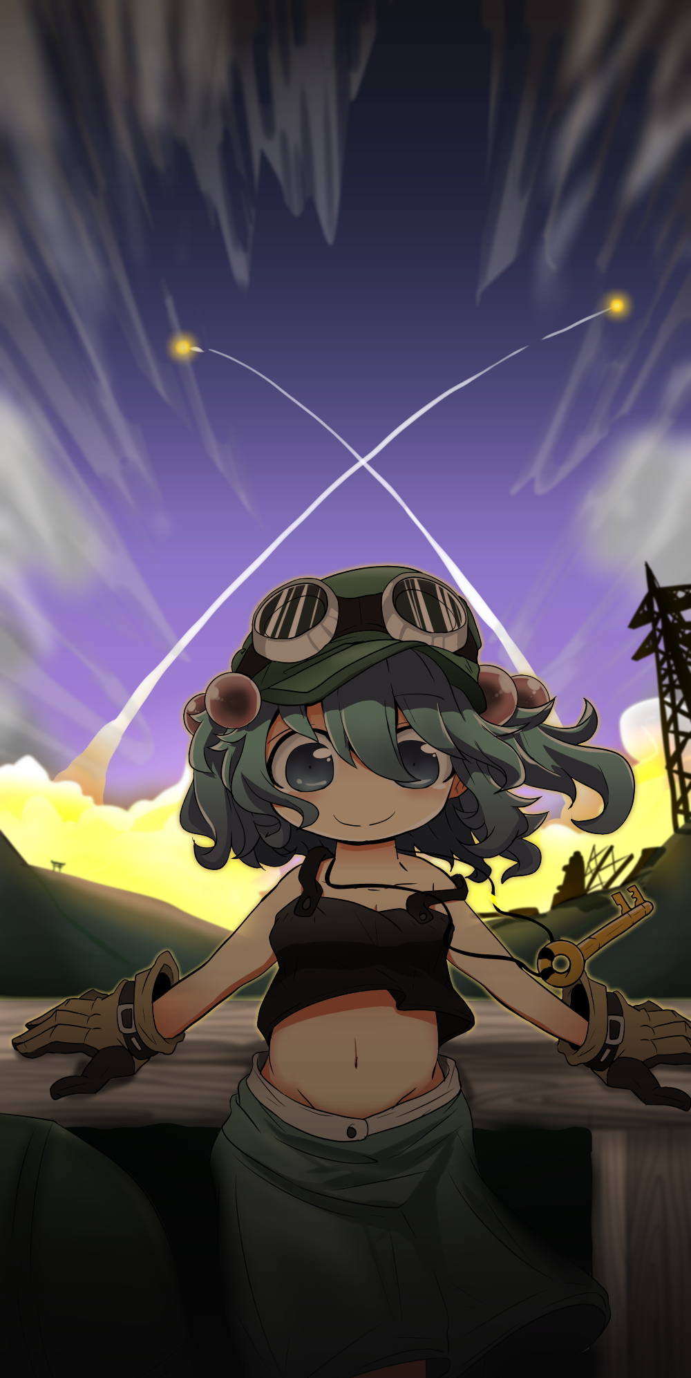 1girl blue_eyes blue_hair gloves goggles goggles_on_headwear hair_bobbles hair_ornament hat highres kawashiro_nitori key_necklace launching midriff navel onaji_(sokudo_seigen) rocket smile tank_top touhou transmission_tower