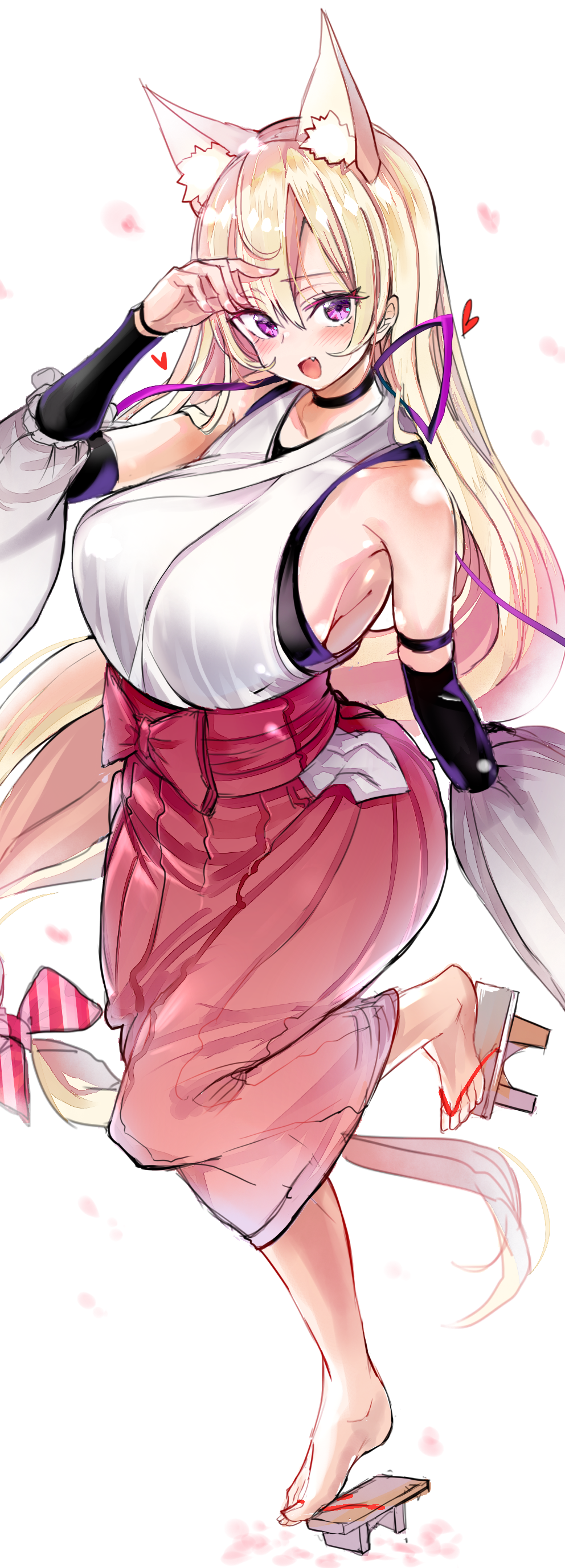 1girl :d absurdres animal_ears armpits blonde_hair blush breasts detached_sleeves fafas68 fang fox_ears full_body hakama heart highres japanese_clothes large_breasts long_hair open_mouth original sandals smile solo very_long_hair violet_eyes