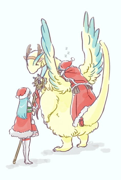 1boy 1girl antlers aqua_hair brother_and_sister cape commentary_request dragon eirika ephraim fa fire_emblem fire_emblem:_fuuin_no_tsurugi fire_emblem:_seima_no_kouseki fire_emblem_heroes from_behind fur_trim hat holding holding_staff long_hair murabito_ba nintendo pom_pom_(clothes) red_hat reindeer_antlers riding santa_costume santa_hat siblings simple_background sleeping staff standing white_background wings