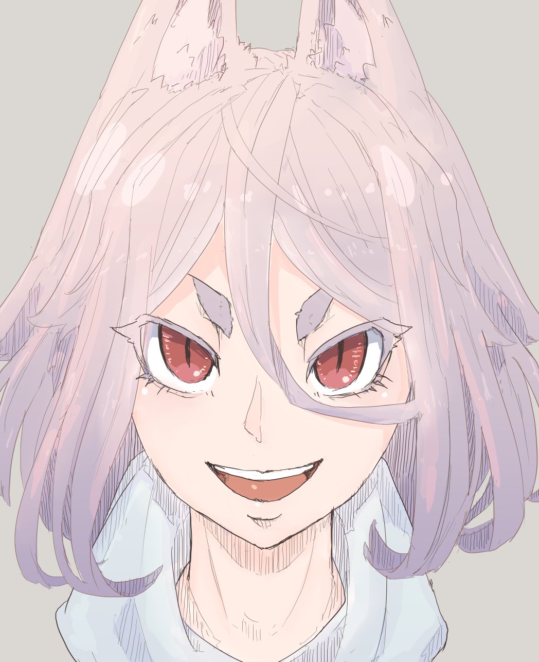 1girl :d animal_ears commentary_request copyright_request grey_background hair_between_eyes hakuro109 highres looking_at_viewer open_mouth pink_hair portrait red_eyes simple_background slit_pupils smile solo thick_eyebrows