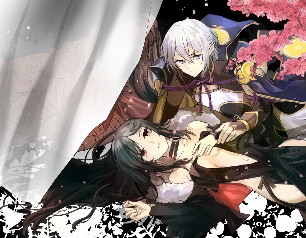 1girl 2boys bare_shoulders black_choker black_dress black_hair blue_cape breasts bridal_gauntlets cape chinese_armor chinese_clothes choker cleavage closed_mouth collarbone commentary_request consort_yu_(fate) curtains dress eyebrows_visible_through_hair fate/grand_order fate_(series) flower fur-trimmed_jacket fur_trim gao_changgong_(fate) hair_between_eyes hand_on_another's_arm jacket long_hair looking_at_another looking_at_viewer medium_breasts multicolored multicolored_cape multicolored_clothes multiple_boys navel parted_lips petals pink_flower pink_petals poppy_(flower) red_eyes revealing_clothes short_hair strapless strapless_dress tree tree_branch tsengyun violet_eyes white_hair yellow_cape