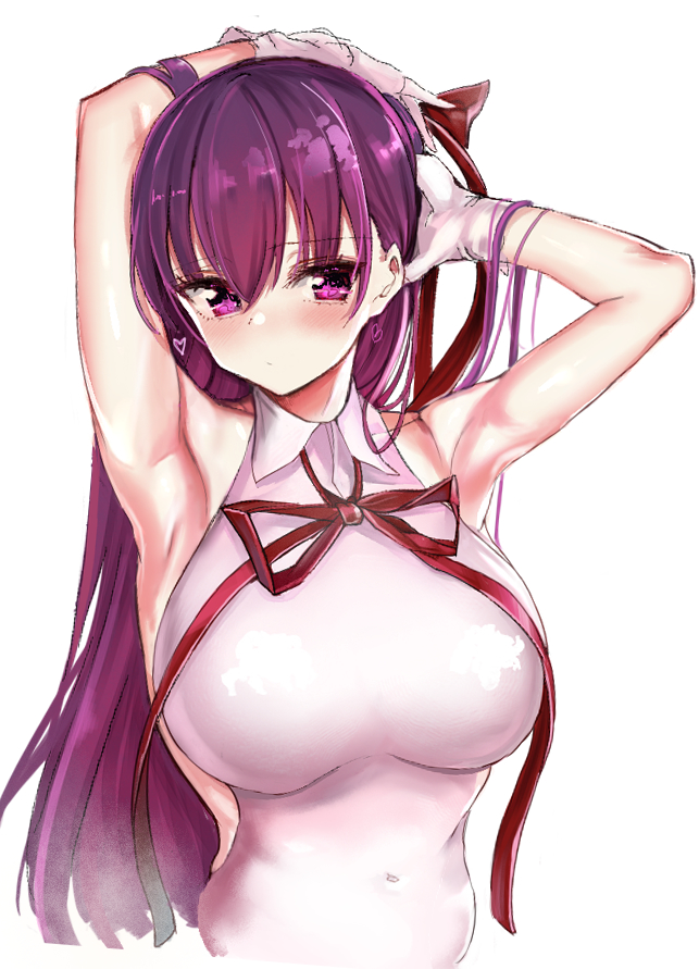 1girl arm_behind_head armpits bangs bb_(fate)_(all) bb_(fate/extra_ccc) blush breasts earrings fafas68 fate/extra fate/extra_ccc fate_(series) gloves hair_between_eyes hair_ribbon heart jewelry long_hair purple_hair ribbon simple_background sleeveless solo very_long_hair violet_eyes white_background white_gloves