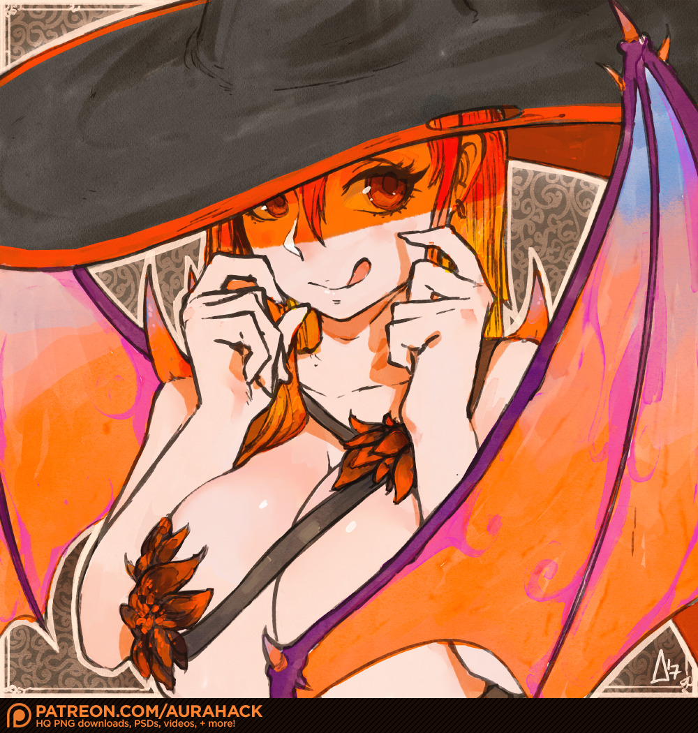 1girl bat_wings breasts erica_june_lahaie hat large_breasts orange_eyes orange_hair original outline patreon_logo signature smile solo tongue tongue_out upper_body watermark web_address wings witch_hat